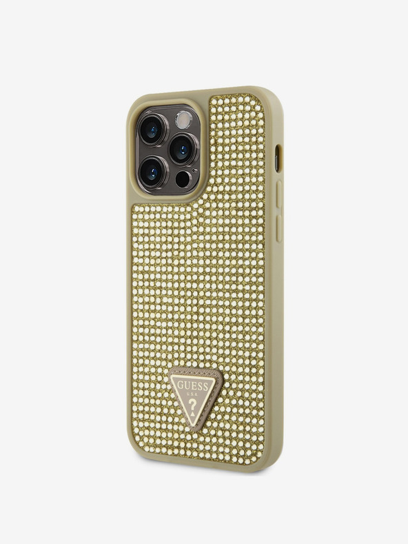 Guess Rhinestones Triangle Metal Logo Kryt pro iPhone 14 Pro Max Gold Phone case