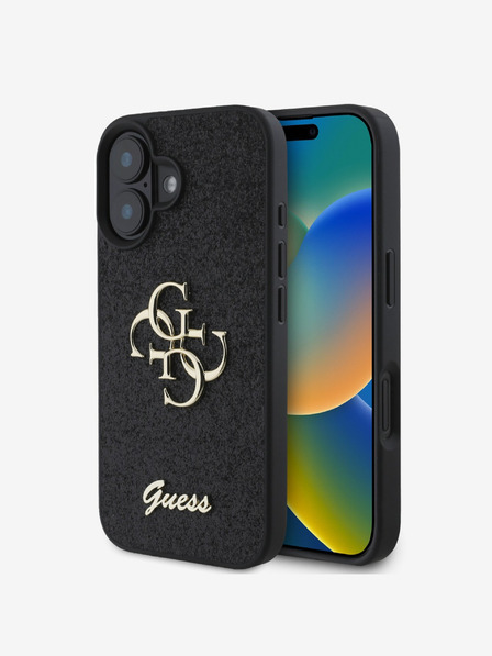 Guess PU Fixed Glitter 4G Metal Logo Zadní Kryt pro iPhone 16 Black Phone case