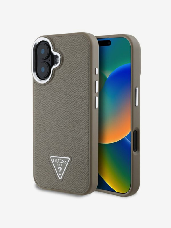 Guess PU Grained Triangle Logo Zadní Kryt pro iPhone 16 Brown Phone case