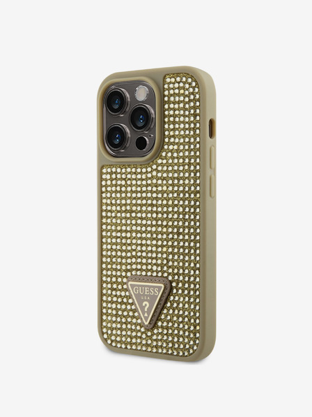 Guess Rhinestones Triangle Metal Logo Kryt pro iPhone 15 Pro Gold Phone case