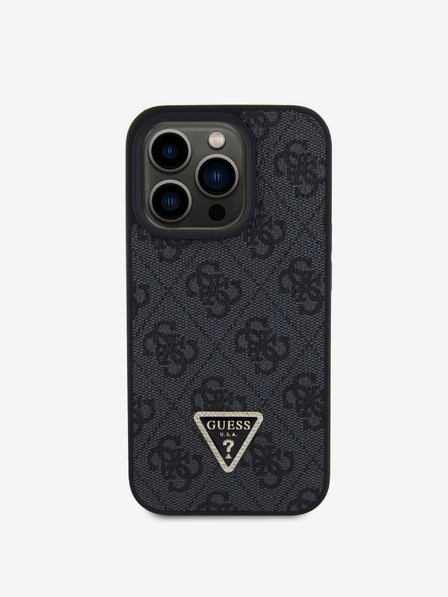 Guess PU 4G Strass Triangle Metal Logo Zadní Kryt pro iPhone 15 Pro Black Phone case