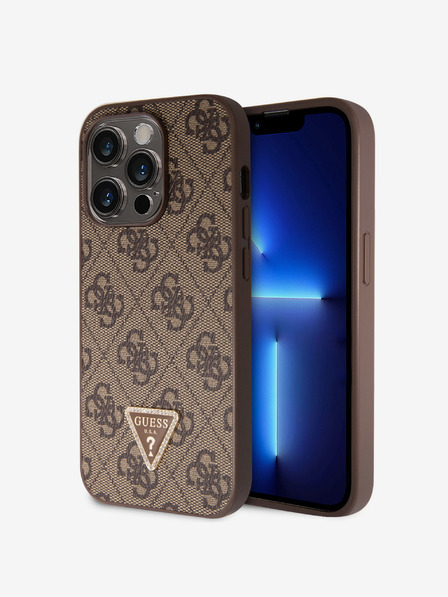 Guess PU 4G Strass Triangle Metal Logo Zadní Kryt pro iPhone 15 Pro Brown Phone case