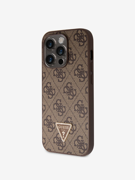 Guess PU 4G Strass Triangle Metal Logo Zadní Kryt pro iPhone 15 Pro Brown Phone case